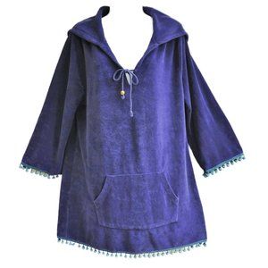 Soft Surroundings Terry Cloth Pullover Hoodie Tunic Pom Pom Trim Kangaroo Pocket